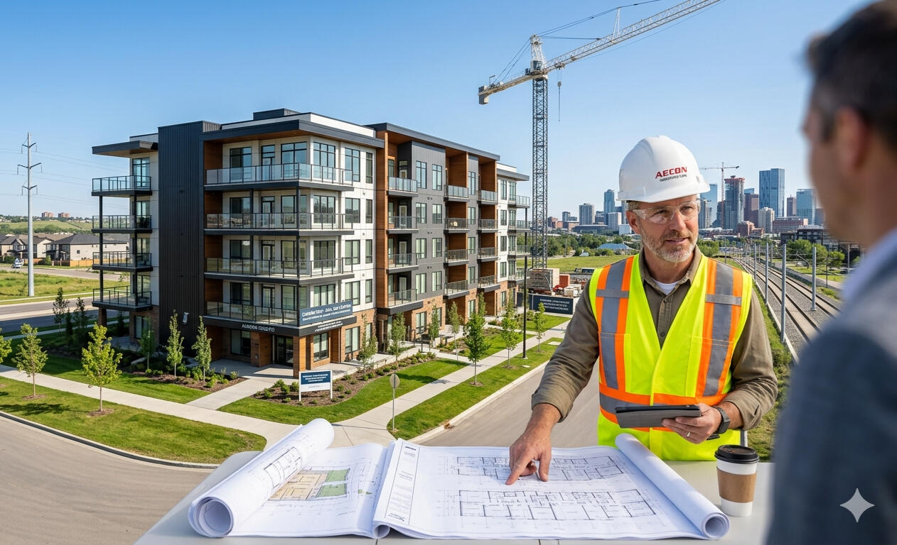 Builder reviewing architectural plans beside a completed multi-family apartment development in Alberta, representing turnkey real estate investment opportunities.